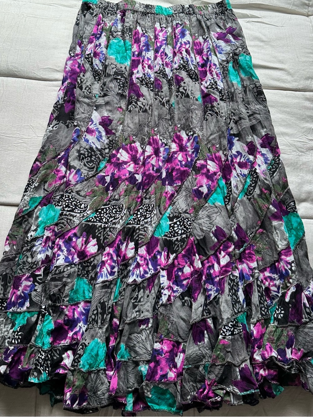 Tiered Floral Maxi Skirt in Teal, Purple & Gray